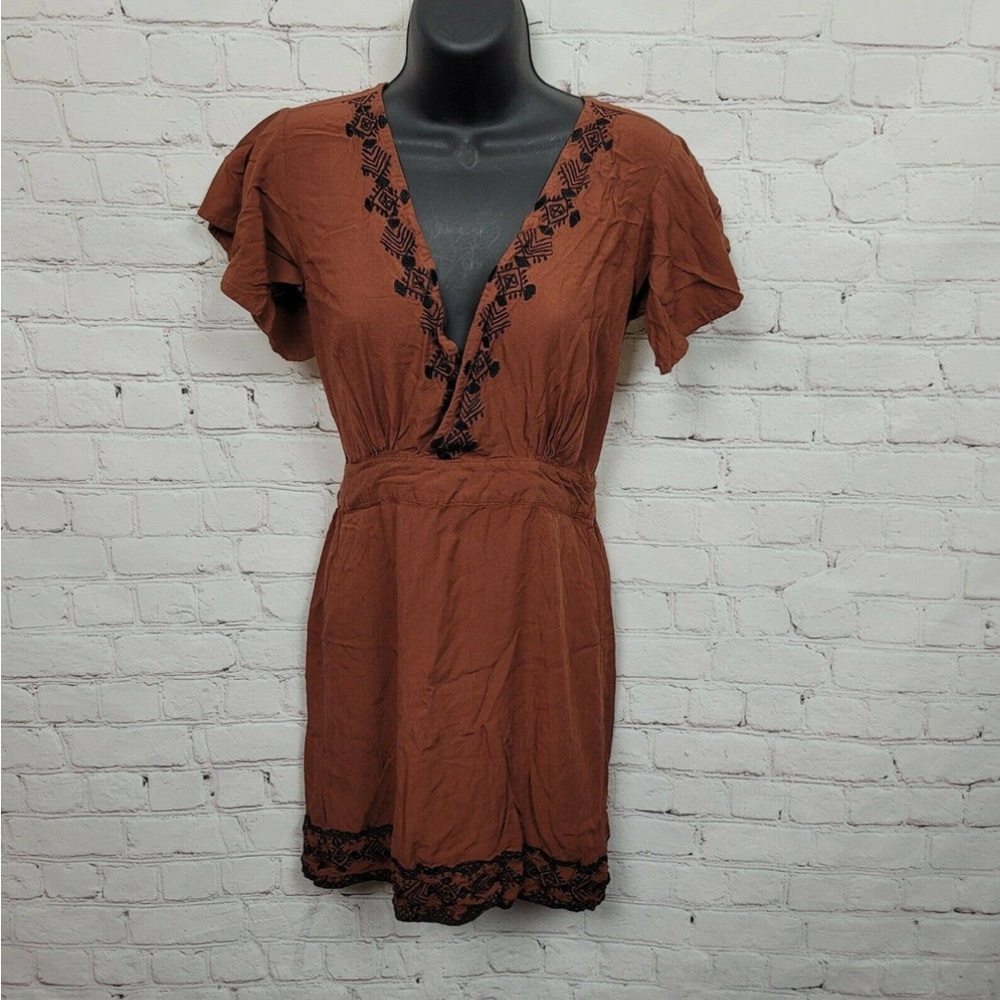 Cleobella Womens Surplice V-Neck Embroidered Mini Boho Dress Rust Size S